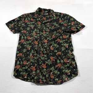 Rude Mens Sloth Tropical Hawaiian Button Short Sleeve Black Print Shirt Sz S
